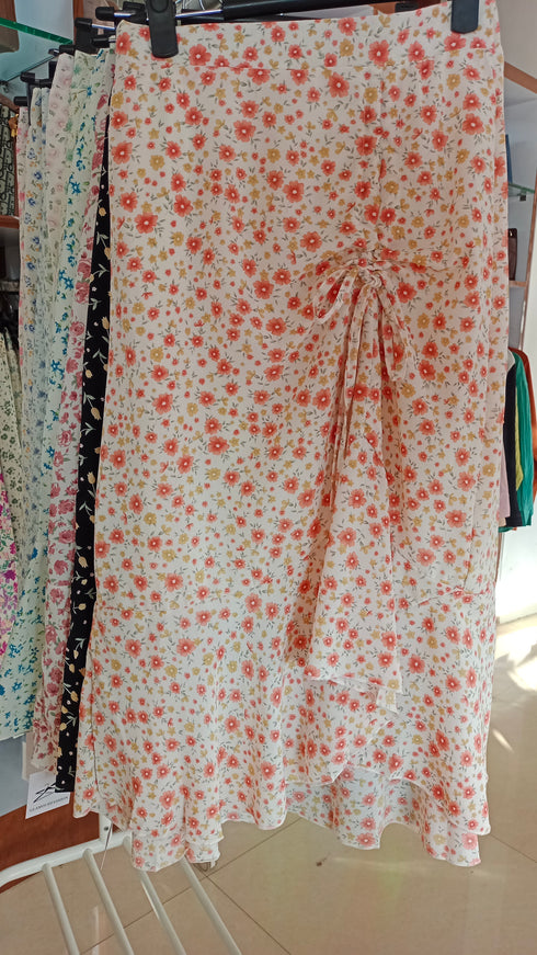 Floral Drawstring Irregular Ruffle Skirts